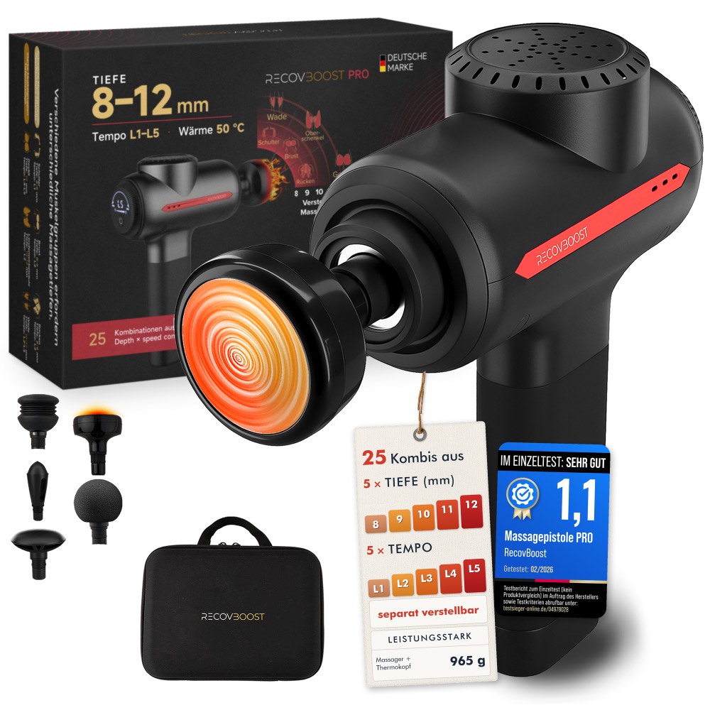 RecovBoost PRO Massagepistole mit Verpackung, 5 Aufsätzen, Thermokopf, Tragetasche und Anhänger mit Massagetiefe 8–12 mm und 5 Tempostufen