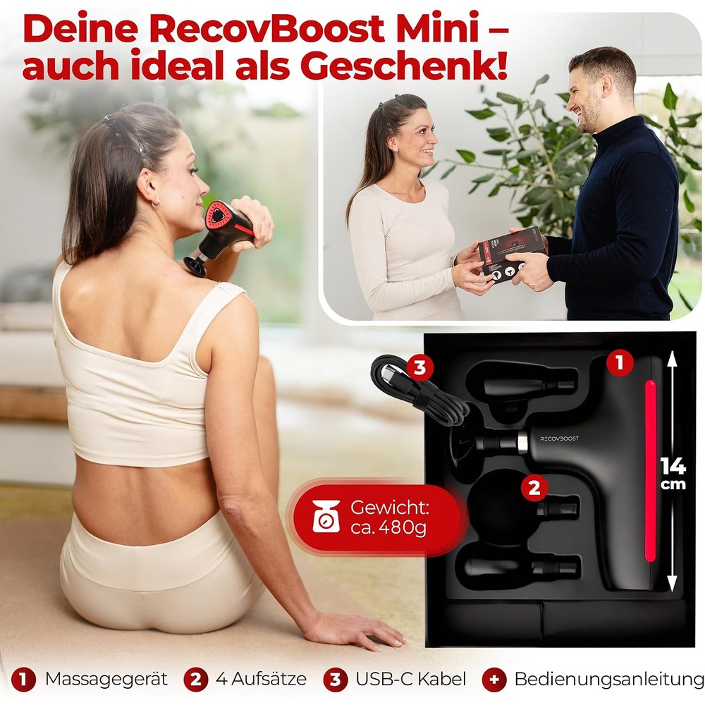 Die RecovBoost MINI als Geschenk, 14 cm hoch, Gewicht ca. 480 g. Lieferumfang: Massagegerät, 4 Aufsätze, USB-C Kabel und Bedienungsanleitung