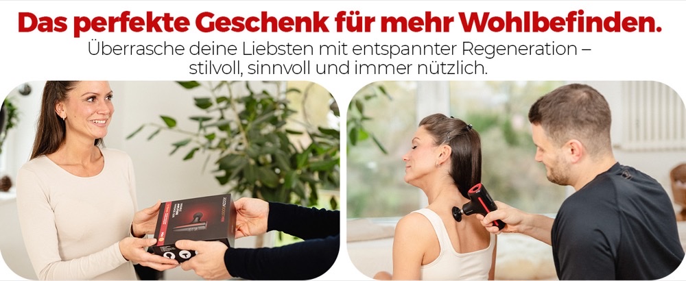 Die RecovBoost MINI als Geschenk: links wird die Produktverpackung überreicht, rechts massiert ein Mann eine Frau am Nacken. Bildtext: „Das perfekte Geschenk für mehr Wohlbefinden – überrasche deine Liebsten mit entspannter Regeneration – stilvoll, sinnvoll und immer nützlich.“